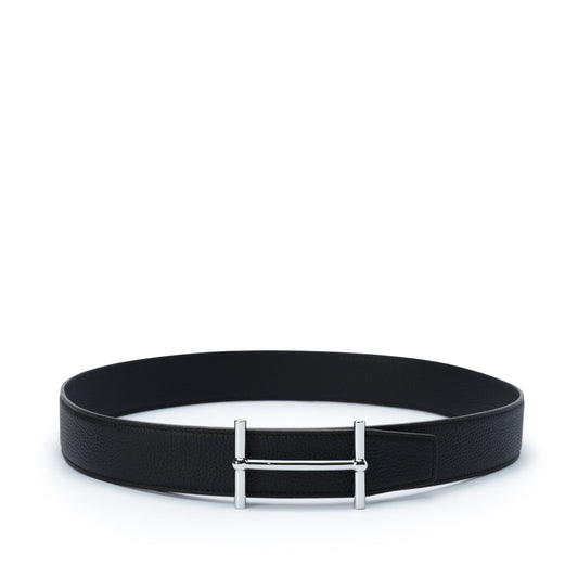 Black H buckle grain leather belt