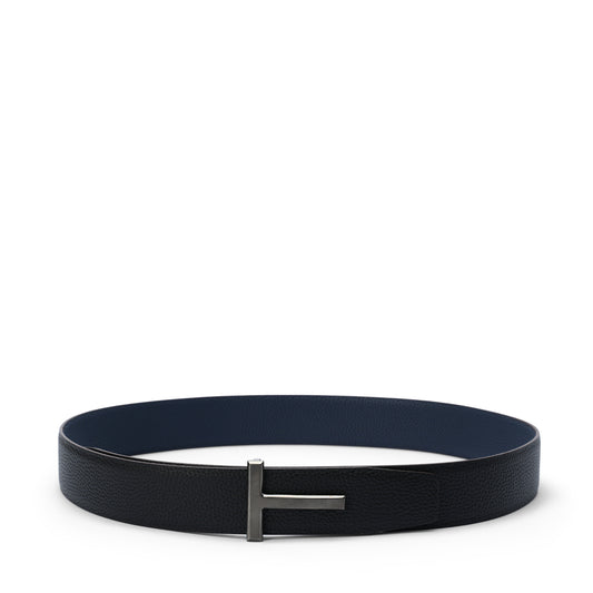 Black grain leather T buckle belt