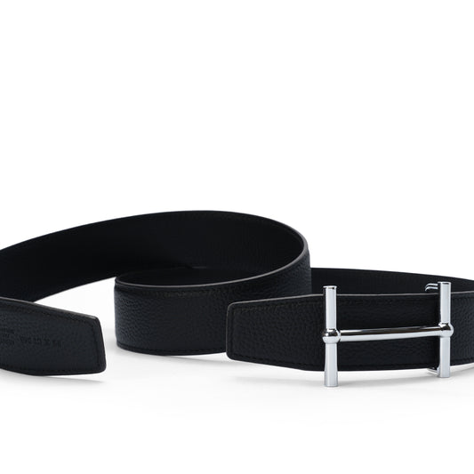Black H buckle grain leather belt