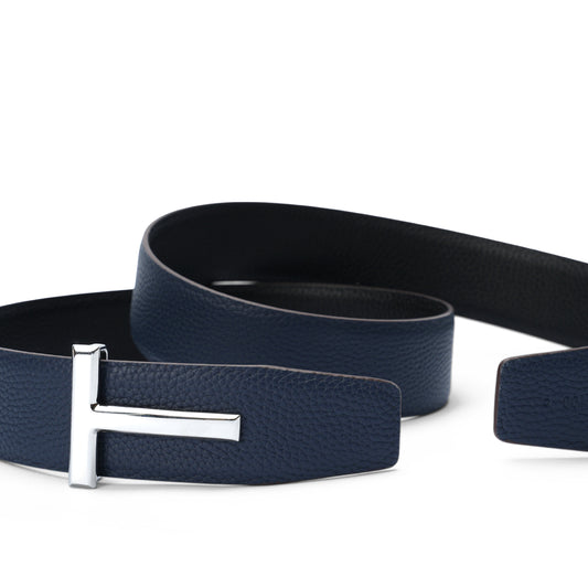 Blue grain leather T buckle belt