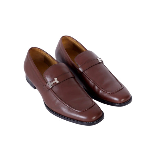 Imported Brown Leather Loafers with Signature H Buckle - Luxury Men's Dress Shoes