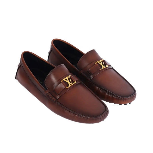 Luxury Imported Brown Leather Normal Loafers with Signature Gold LV Buckle - Men's Premium Designer Footwear