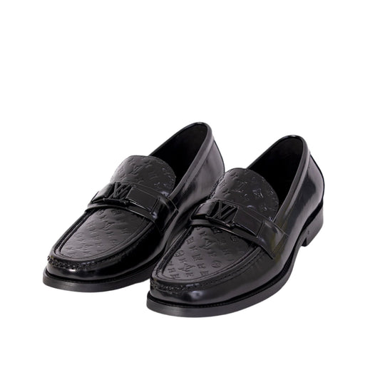 Imported Black Patent Major Leather Loafers with Embossed Monogram Design - Men's Premium Designer Shoes