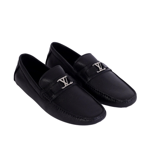 Imported  Black Leather Loafers with Signature Silver LV Buckle - Men's Luxury Designer Shoes