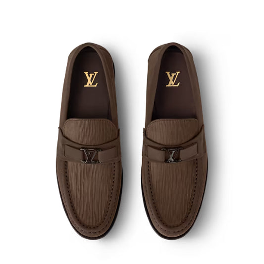 Brown Textured Leather Major Loafers