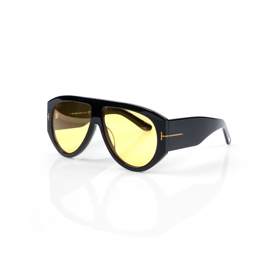 Imported Retro Shield Sunglasses in Polished Black & Amber
