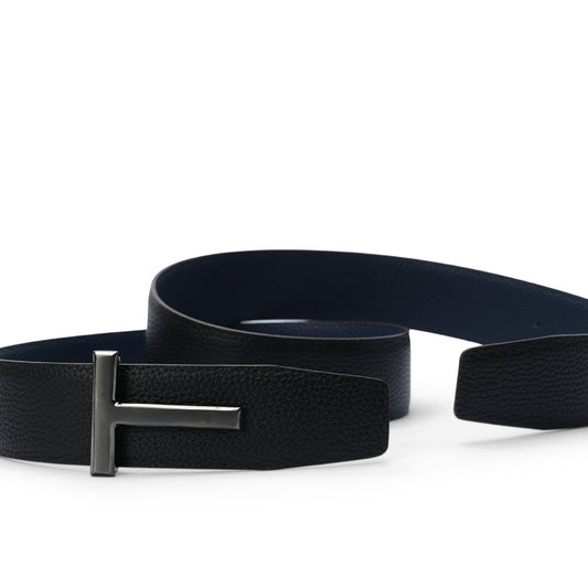 Black grain leather T buckle belt