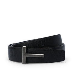 Black grain leather T buckle belt