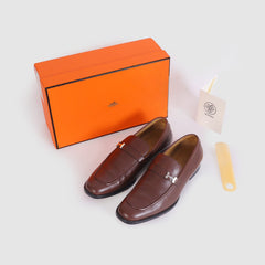 Imported Brown Leather Loafers with Signature H Buckle - Luxury Men's Dress Shoes