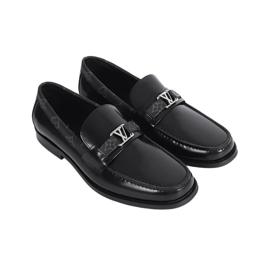 Imported  Black Leather Loafers with Monogram Buckle - Luxury Men's Footwear