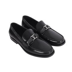 Imported  Black Leather Loafers with Monogram Buckle - Luxury Men's Footwear