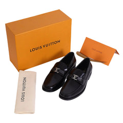 Imported  Black Leather Loafers with Monogram Buckle - Luxury Men's Footwear