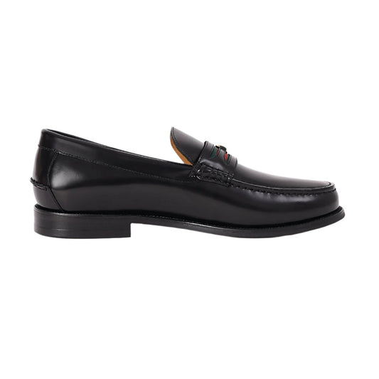 Imported Men’s Black Leather Loafers with Signature Green and Red Web Stripe