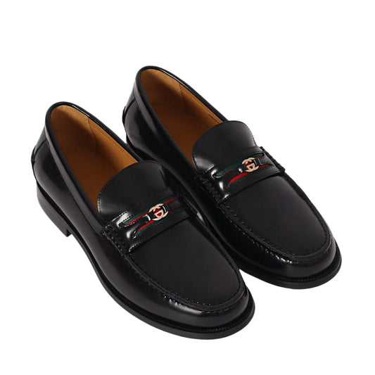 Imported Men’s Black Leather Loafers with Signature Green and Red Web Stripe