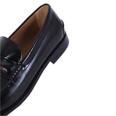 Imported Men’s Black Leather Loafers with Signature Green and Red Web Stripe