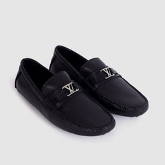 Imported  Black Leather Loafers with Signature Silver LV Buckle - Men's Luxury Designer Shoes
