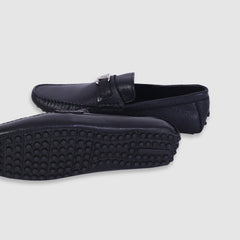 Imported  Black Leather Loafers with Signature Silver LV Buckle - Men's Luxury Designer Shoes