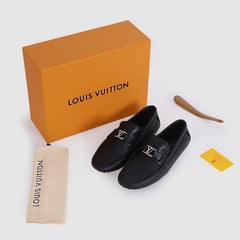 Imported  Black Leather Loafers with Signature Silver LV Buckle - Men's Luxury Designer Shoes