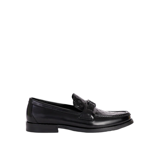Imported  Black Patent Major Leather Loafers with Embossed Monogram Design - Men's Premium Designer Shoes
